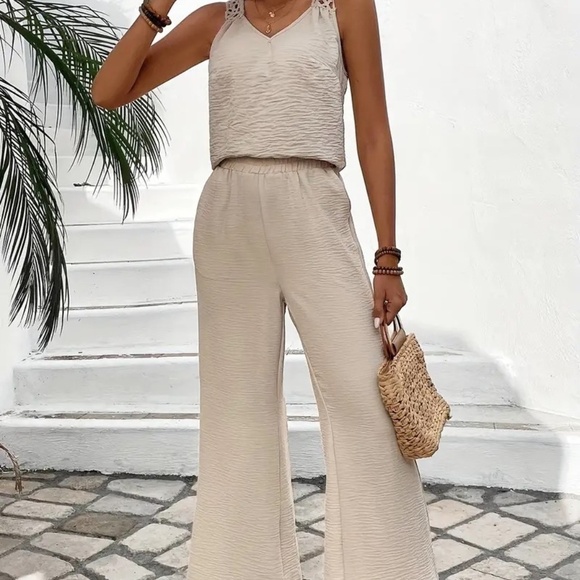 Classy and Sassy Pants Set V-Neck Lace Tank Top & High-Waisted Wide Leg Pants - Picture 2 of 6